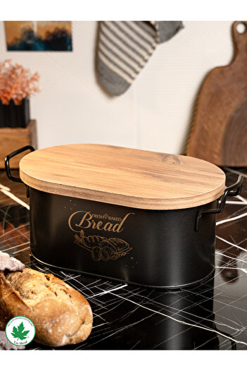 linmetal Ahşap Kapaklı Tel Kulplu Metal Ekmeklik (bread baskılı)