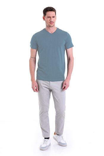 Hatemoğlu Indigo Plain Regular Fit 100% Cotton V-Neck T-Shirt