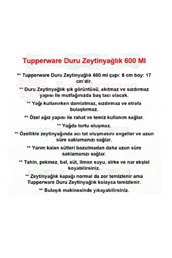 Tupperware Sıvı Yağlık Sosluk  Mor Duru Zeytinyağlık 600 ml