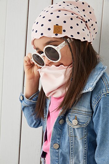 Babygiz Pudra Siyah Puantiye Kız Çocuk Bebek Şapka Bere Yumuşak %100 Pamuklu Penye Trend Seri