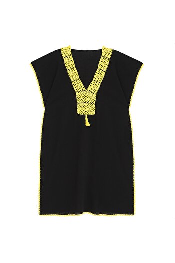 Soma Kadın Atölyesi Hand Embroidered Yellow Collar Black Pareo Lacy Cotton Fabric with Tassels StndSize Black Yellow K