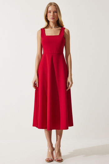 Happiness İstanbul Women's Red Square Collar A-line Dress DK00169