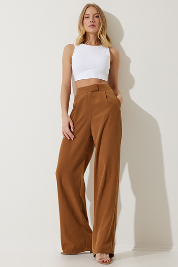 Happiness İstanbul Women's Tan Velcro Waist Closure Palazzo Trousers rv00184