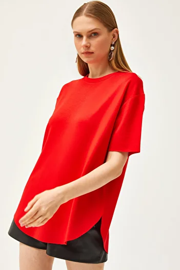 Olalook Women's Red Modal Button Soft Textured Six Oval T-Shirt TSH-19000771