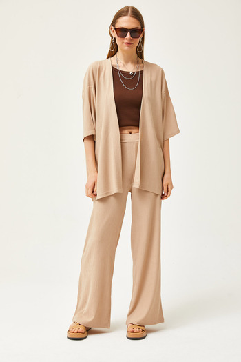 Olalook Women's Beige Top Kimono Bottom Pants Set TKM-19000280