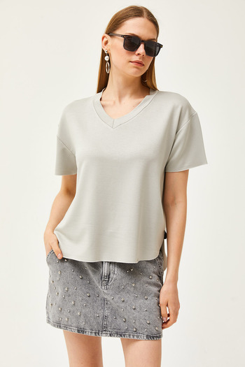 Olalook Women's Gray V-Neck Bottom Oval Modal Button T-Shirt TSH-19000804