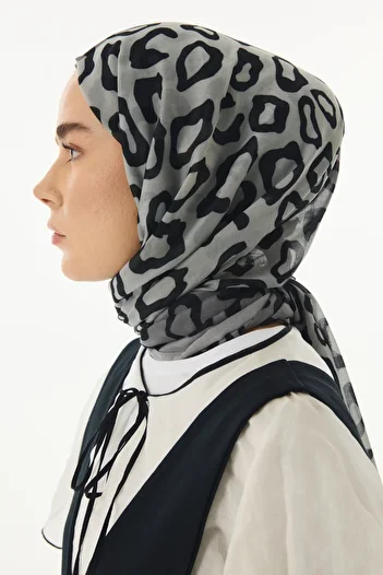 FENZA SCARF AMİRA - Gray-Anthracite Cotton Leopard Patterned Shawl