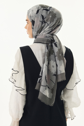 FENZA SCARF Gray Cotton Ella Flower Patterned Shawl