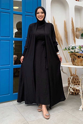 Bym Fashion Şallı Elbiseli Abaya Takım 3883 Siyah