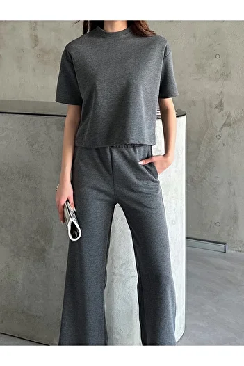 Laluvia Anthracite Short Sleeve Padded Sweat Tracksuit Set