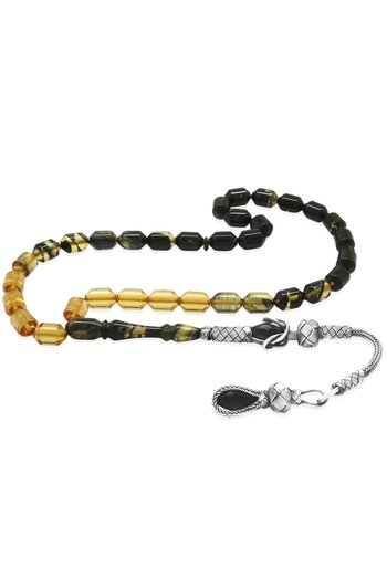 Tesbihane 1000 Sterling Silver Kazaz Tasseled Tip Capsule Cut Filtered Black-White Fire Amber Prayer Beads