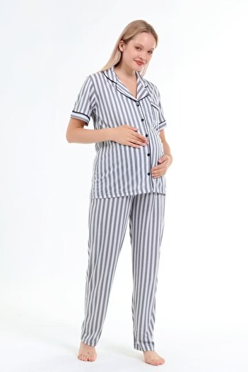 LİKAPA Likapa Combed Cotton Front Buttoned Maternity Short Sleeve Pajama Set, 100% Cotton
