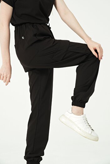 Pratik Medikal Pantaloni de jogging unisex din Lycra neagră - Buzunar cargo, uniformă Doctor Nurse