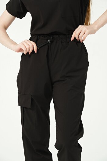 Pratik Medikal Pantaloni de jogging unisex din Lycra neagră - Buzunar cargo, uniformă Doctor Nurse