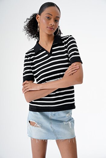 CHUBA Women's Polo Collar Short Sleeve Striped Knitwear T-Shirt Black-White 24S157