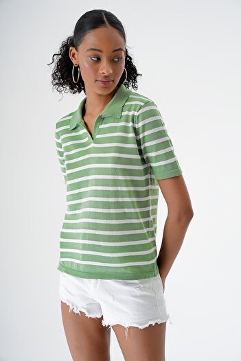 CHUBA Women's Polo Collar Short Sleeve Striped Knitwear T-Shirt Green-White 24S157