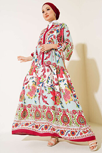 Lavanta Tekstil Floral Collar Buttoned Hijab Dress