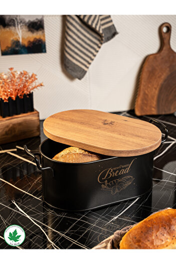 linmetal Ahşap Kapaklı Tel Kulplu Metal Ekmeklik (bread baskılı)
