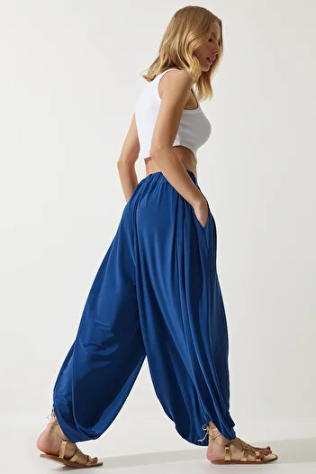 Happiness İstanbul Women's Navy Blue Pleated Comfortable Modal Baggy Trousers DD01313