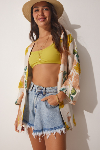 Happiness İstanbul Γυναικείο λινό Viscose Kimono με κίτρινο μπεζ σχέδιο BH00381