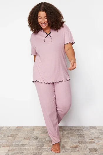 Trendyol Curve Dried Rose Knitted Pajama Set - Bow Detail TBBSS24AI00095