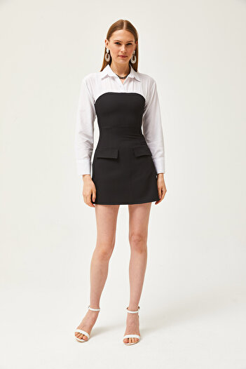 Olalook Women's Black and White Accessory Pocket Top Shirt Detailed Side Zipper Mini Dress ELB-19002121