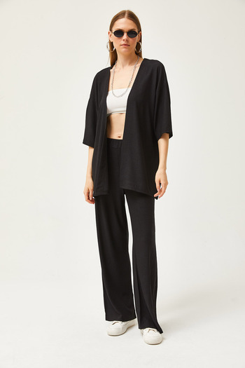 Olalook Women's Black Top Kimono Bottom Pants Set TKM-19000280