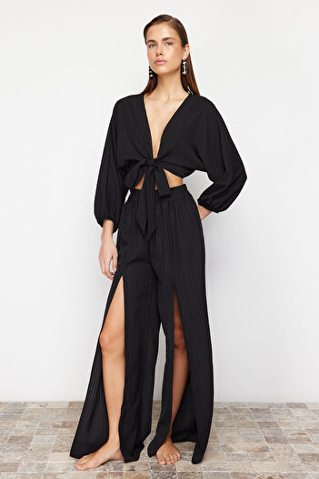 Trendyol Collection Black Woven Slit Blouse Pants Set TBESS24AU00038