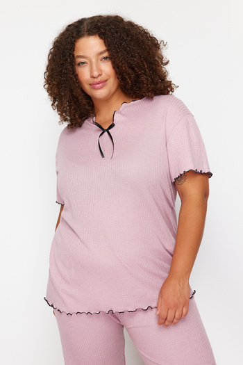 Trendyol Curve Dried Rose Knitted Pajama Set - Bow Detail TBBSS24AI00095