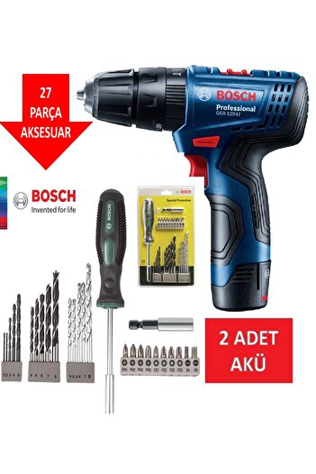 Bosch Şarjlı Matkap Darbeli Matkap Çift Akülü Vidalama + 27 Parça Matkap Ucu Vidalama Ucu Tornavida