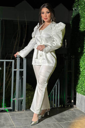Gold Dresses Button Detailed Tied Crepe Satin Jacket Pants Set GLD2434