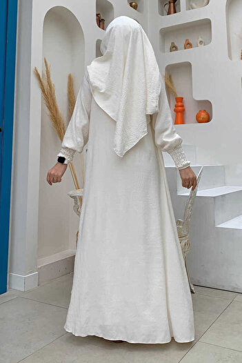 Bym Fashion Şallı Elbiseli Abaya Takım 3883 Ekru