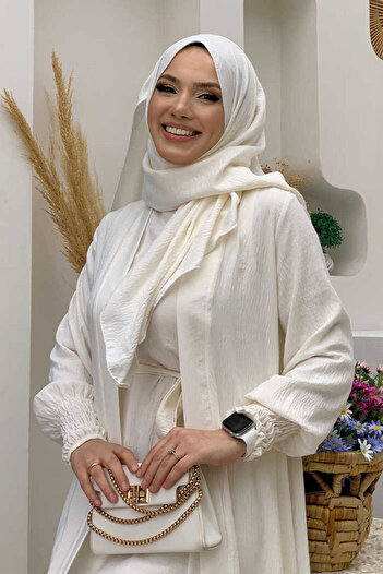 Bym Fashion Şallı Elbiseli Abaya Takım 3883 Ekru