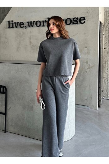 Laluvia Anthracite Short Sleeve Padded Sweat Tracksuit Set