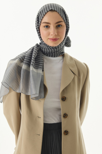 FENZA SCARF STELLA - Γκρι μεταξωτό σάλι, μαλλί με μοτίβο Gingham