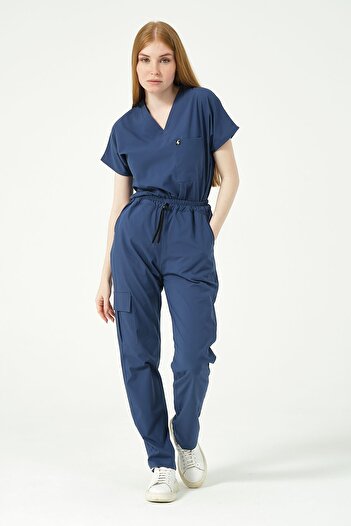 Pratik Medikal Scruburi unisex Storm Blue - Buzunar cargo din Lycra, Costum cu mâneci liliac, Uniformă Doctor Nurse