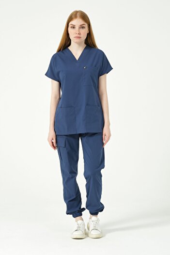 Pratik Medikal Scruburi unisex Storm Blue - Buzunar cargo, pantaloni de jogger, set cu mâneci liliac