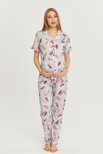 LİKAPA Likapa Combed Cotton Front Buttoned Maternity Short Sleeve Pajama Set, 100% Cotton