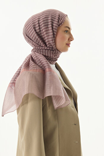 FENZA SCARF STELLA Πούδρα-Ροζ Μάλλινο Μεταξωτό Σάλι - Μοτίβο Gingham