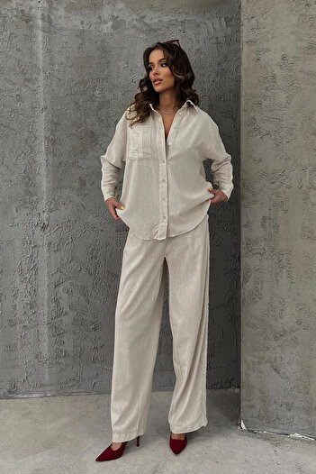 Ortaya Çık Beige Rope Tassel Designed Premium Linen Set