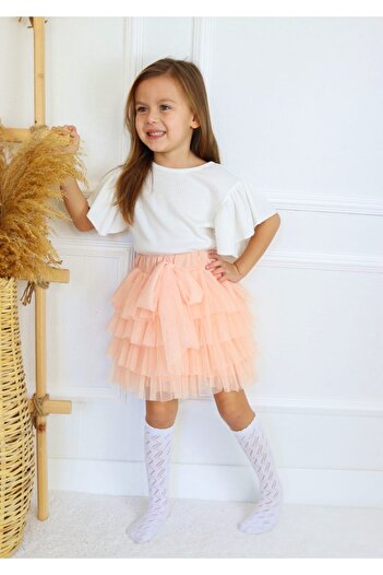 Calisa Holiday Girl's Ruffled Skirt and Sleeve Detailed White Blouse April 23 Show Combination Set Kokoş