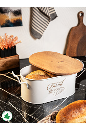 linmetal Ahşap Kapaklı Tel Kulplu Metal Ekmeklik (bread baskılı)