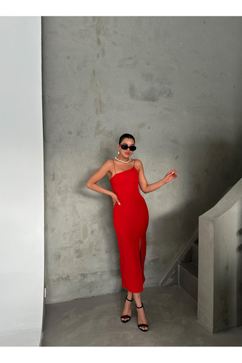 Laluvia Red Thin Strap Front Asymmetrical Cut Slit Dress
