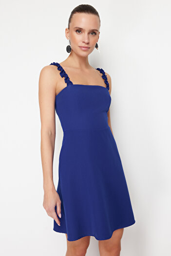 Trendyol Collection Indigo A-vonalú négyzet alakú gallérszíj, részletes mini szövött ruha TWOSS22EL2175