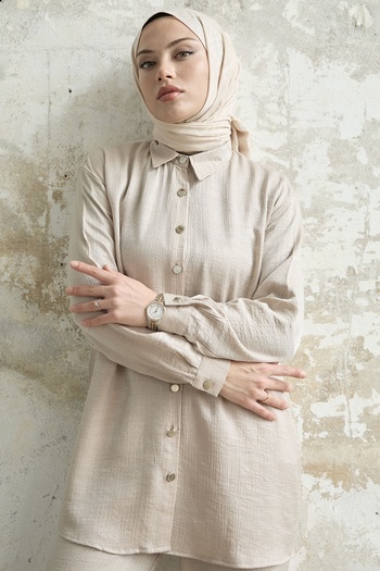 InStyle Shirt Collar Glittered Double Set - Stone