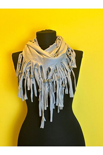 Gönülden Tasarım Wooden Beaded Combed Cotton Scarf Neck Collar Clothing Accessory Gray