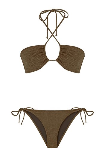 AQUELLA Σετ μπικίνι Halter Neck Gold Lurex με υφή καφέ