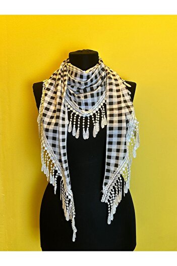 Gönülden Tasarım PLAID GIPPERED TASSELED SCARF SHALS STANDARD SIZE White