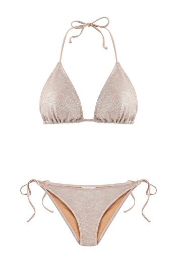 AQUELLA Dokulu Parlak Nude Üçgen Bikini Takım