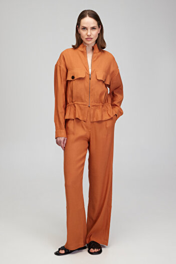 BROOKS BROTHERS Women's Cinnamon Linen Blended Zippered Coat